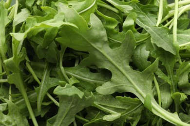 Photo of Many fresh arugula leaves as background, above view