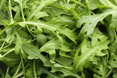 Photo of Many fresh arugula leaves with water drops as background, top view