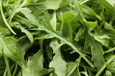 Photo of Many fresh arugula leaves with water drops as background, top view