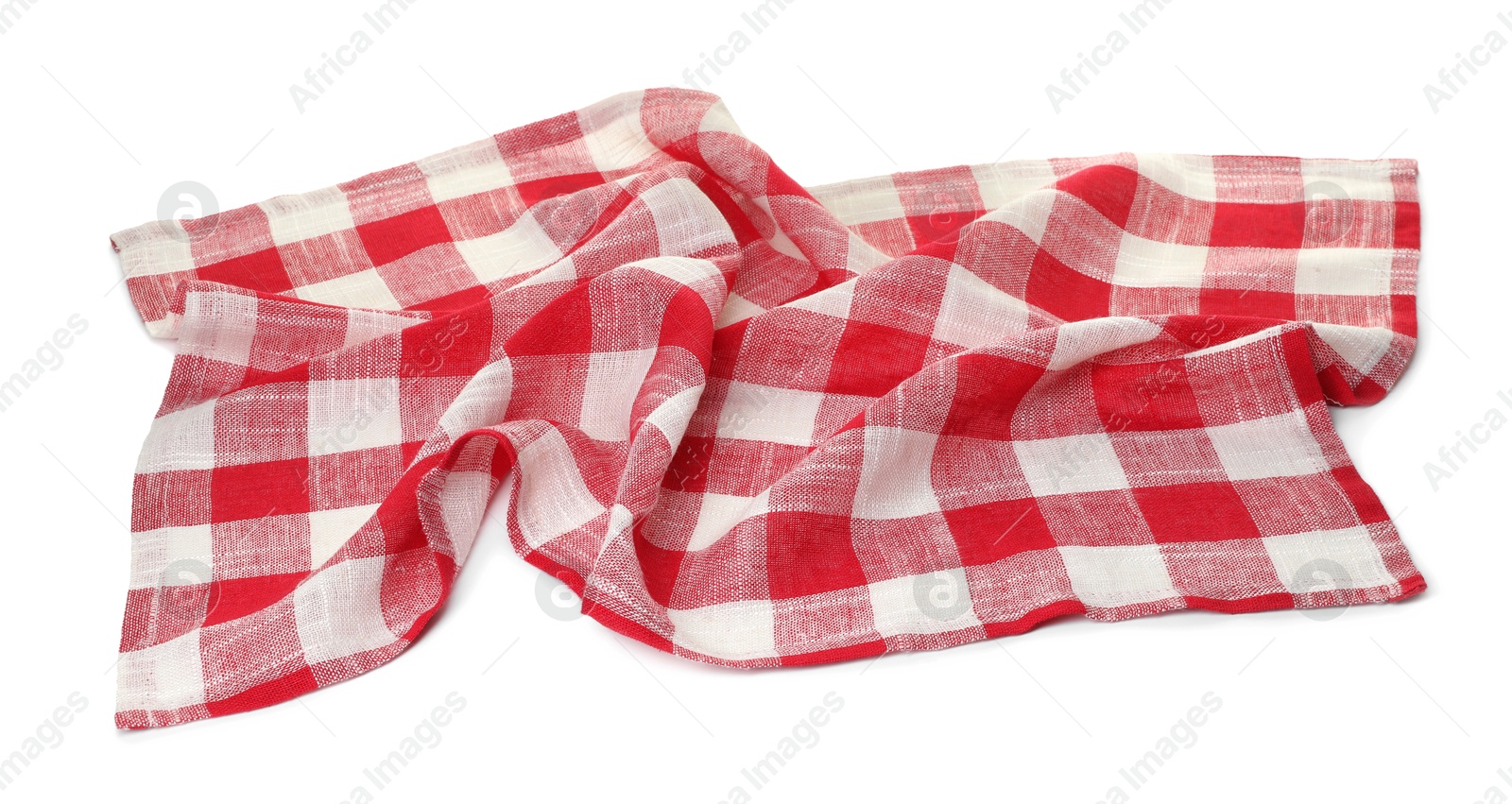 Photo of Crumpled tablecloth with checkered pattern isolated on white, top view