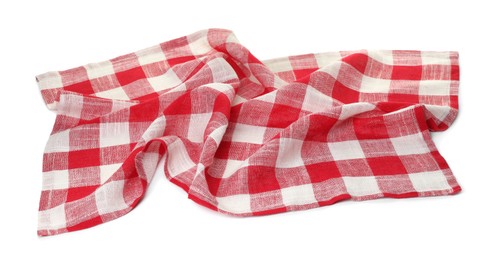 Photo of Crumpled tablecloth with checkered pattern isolated on white, top view