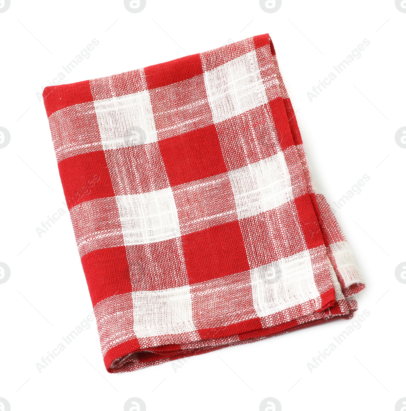 Photo of Folded tablecloth with checkered pattern isolated on white, top view