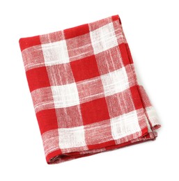 Photo of Folded tablecloth with checkered pattern isolated on white, top view