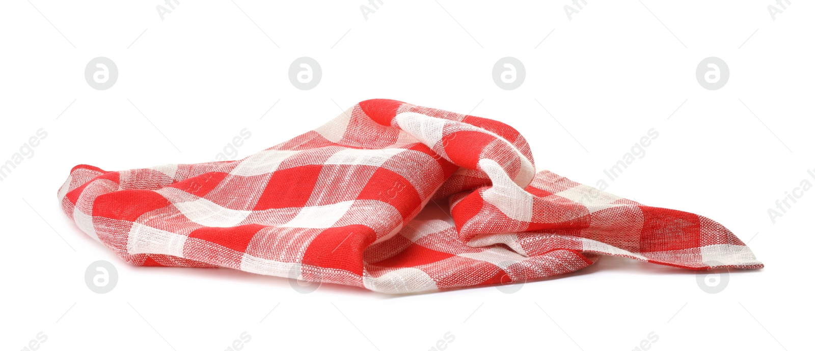 Photo of Crumpled tablecloth with checkered pattern isolated on white