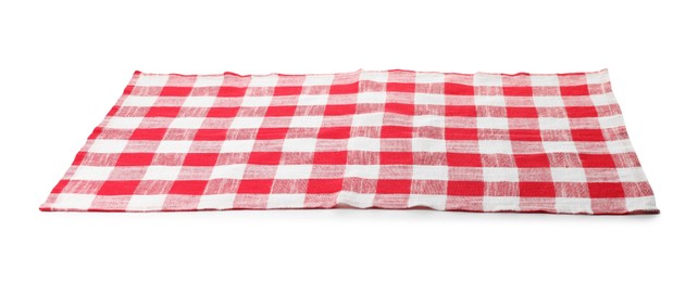 Photo of Folded tablecloth with checkered pattern isolated on white