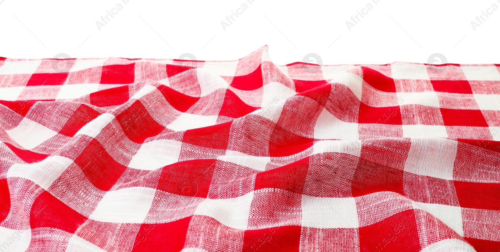 Photo of Crumpled tablecloth with checkered pattern isolated on white