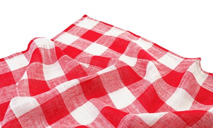 Photo of Crumpled tablecloth with checkered pattern isolated on white