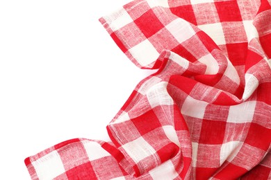 Photo of Crumpled tablecloth with checkered pattern isolated on white, top view