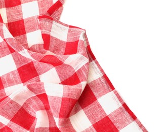 Photo of Crumpled tablecloth with checkered pattern isolated on white, top view