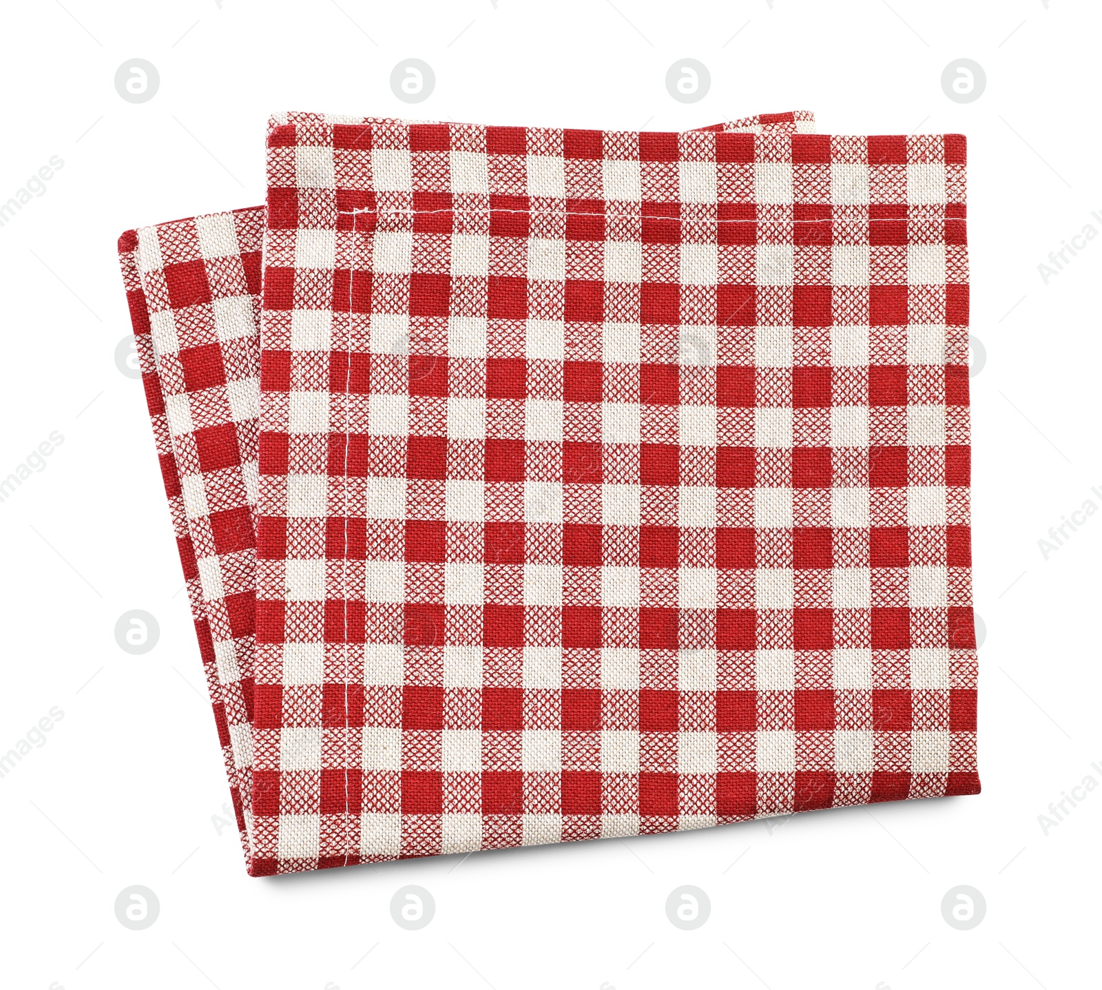 Photo of Folded tablecloth with checkered pattern isolated on white, top view