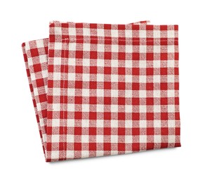 Photo of Folded tablecloth with checkered pattern isolated on white, top view