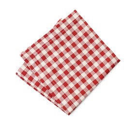 Photo of Folded tablecloth with checkered pattern isolated on white, top view