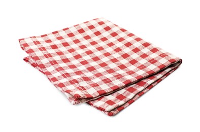 Photo of Folded tablecloth with checkered pattern isolated on white