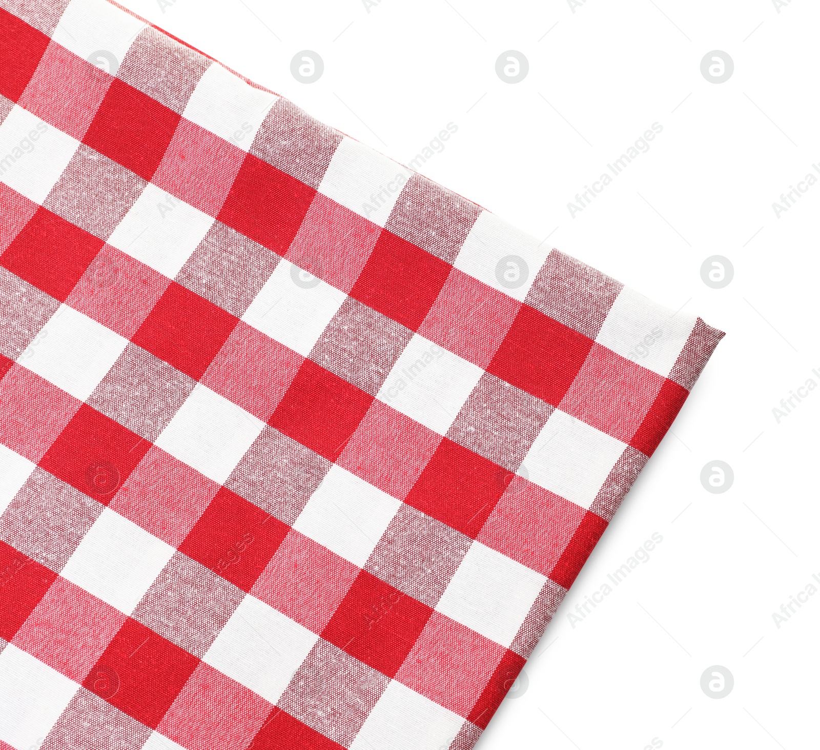 Photo of Folded tablecloth with checkered pattern isolated on white, top view