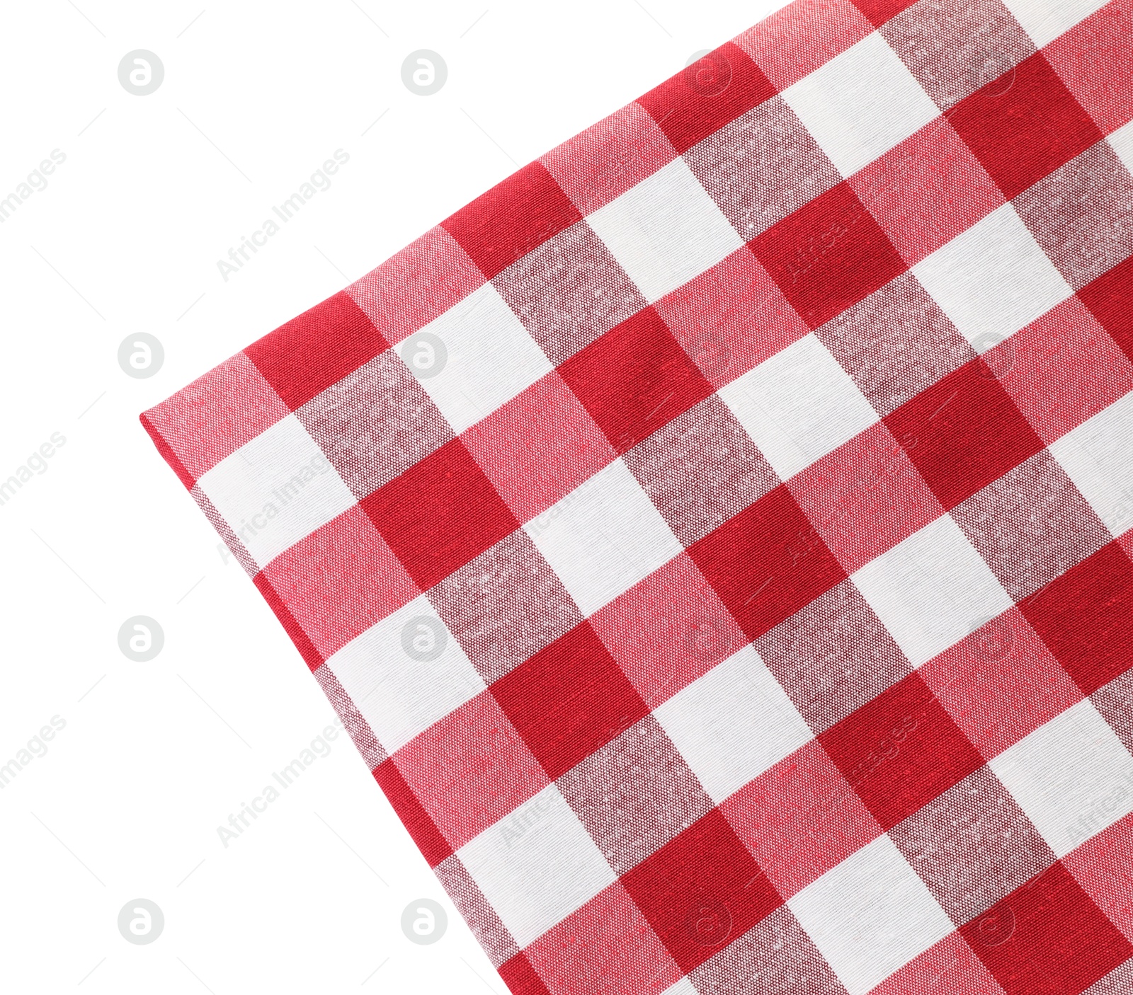 Photo of Folded tablecloth with checkered pattern isolated on white, top view