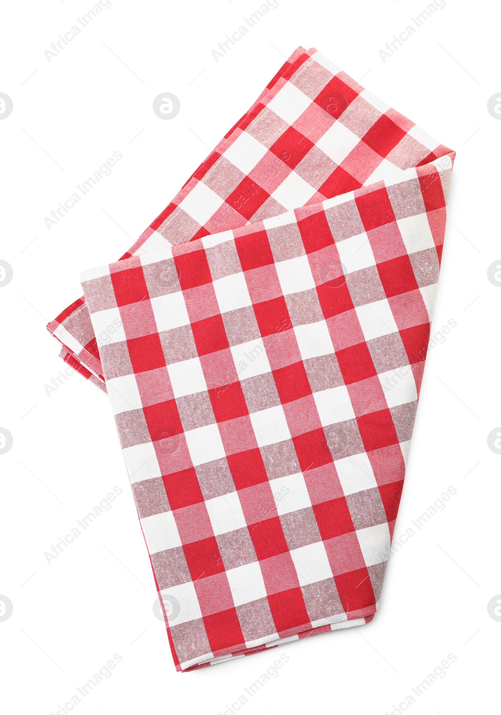 Photo of Folded tablecloth with checkered pattern isolated on white, top view