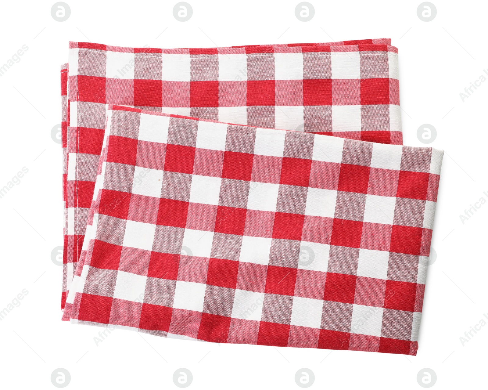 Photo of Folded tablecloth with checkered pattern isolated on white, top view