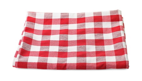 Photo of Folded tablecloth with checkered pattern isolated on white