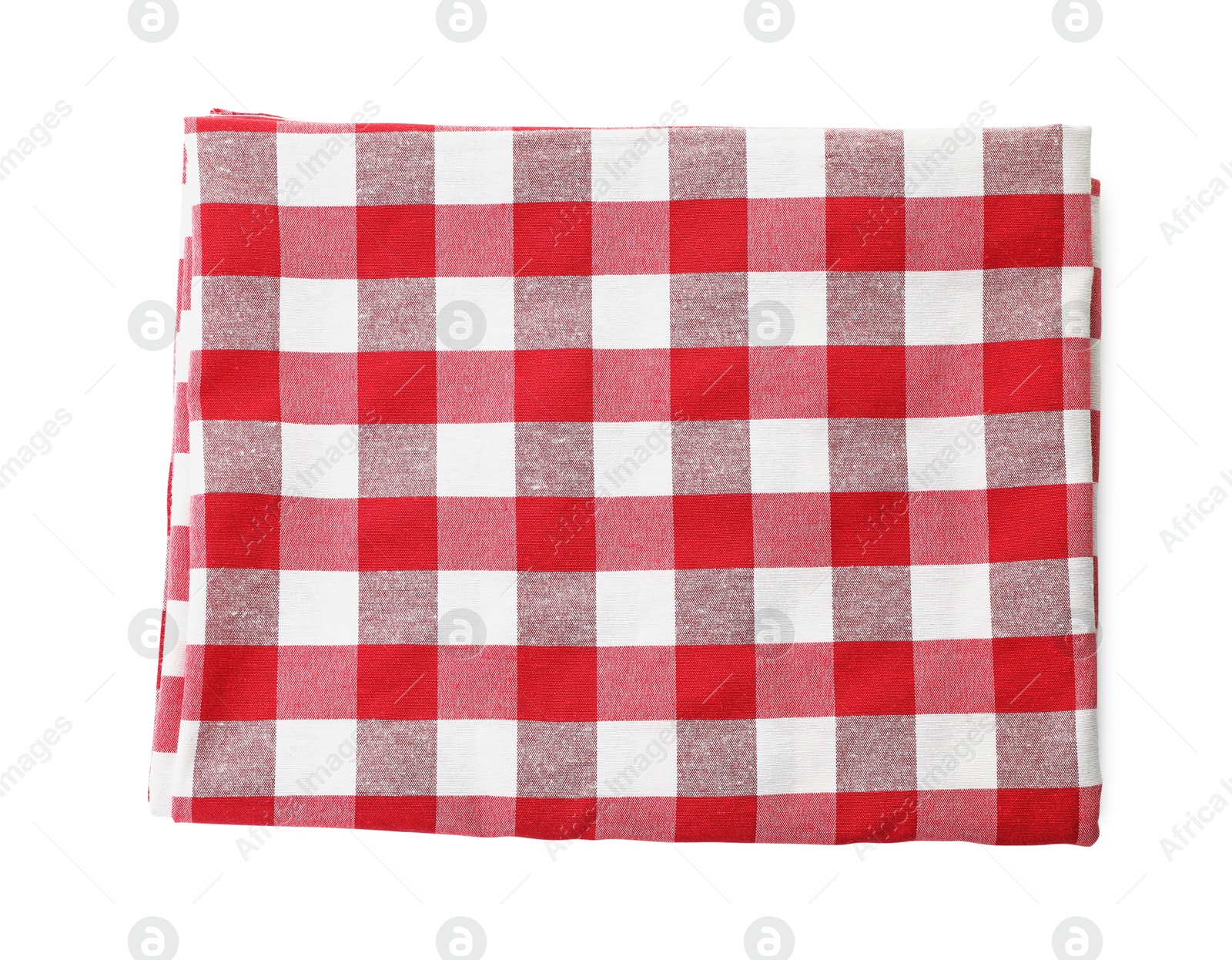 Photo of Folded tablecloth with checkered pattern isolated on white, top view