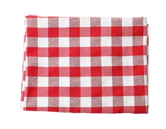 Photo of Folded tablecloth with checkered pattern isolated on white, top view