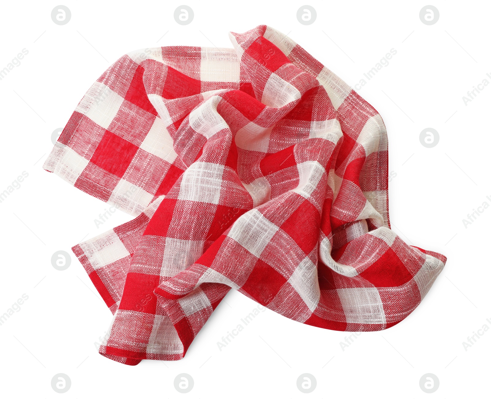 Photo of Crumpled tablecloth with checkered pattern isolated on white, top view