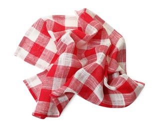 Photo of Crumpled tablecloth with checkered pattern isolated on white, top view