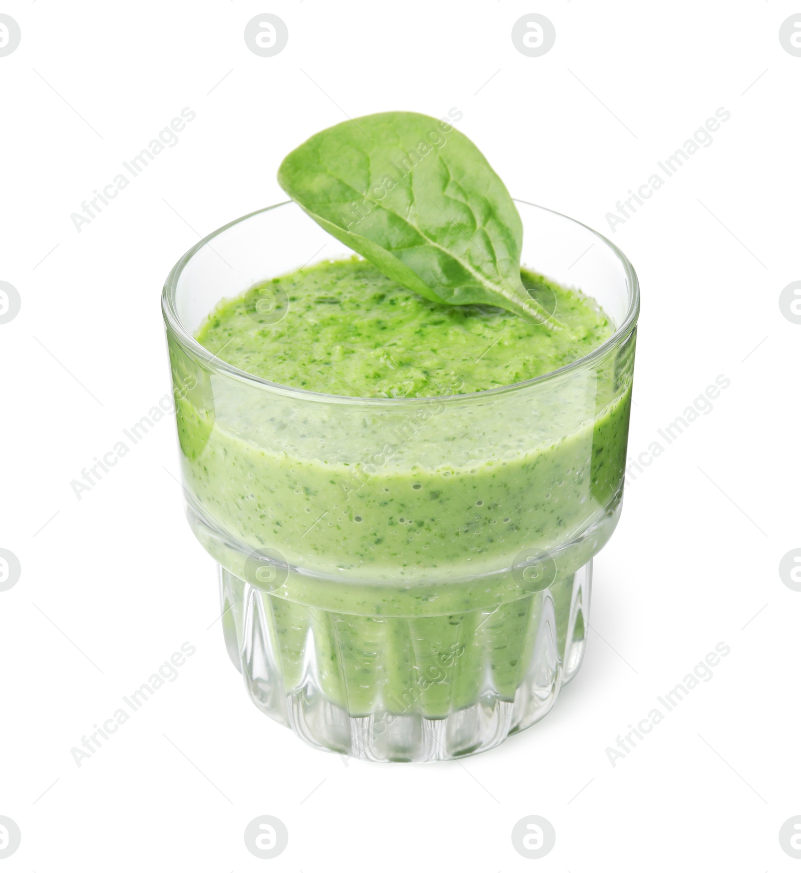 Photo of Tasty green smoothie and spinach leaf in glass isolated on white