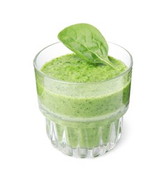 Photo of Tasty green smoothie and spinach leaf in glass isolated on white