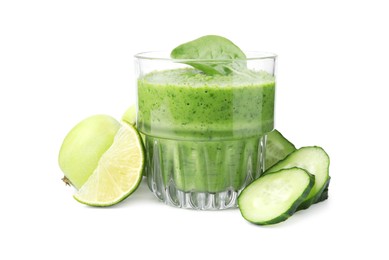 Photo of Tasty green smoothie in glass, lime, apples and cucumber isolated on white