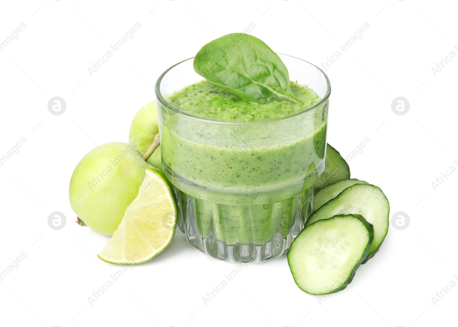 Photo of Tasty green smoothie in glass, lime, apples and cucumber isolated on white