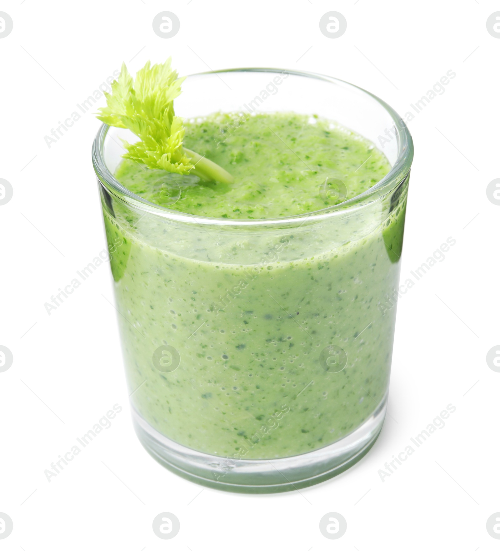 Photo of Tasty green smoothie in glass isolated on white