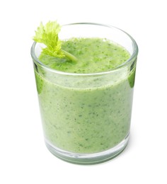 Photo of Tasty green smoothie in glass isolated on white