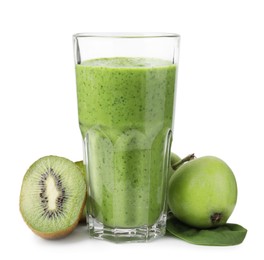 Photo of Tasty green smoothie in glass, spinach, apples and half of kiwi isolated on white