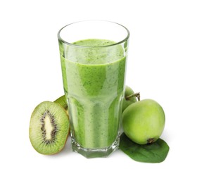 Photo of Tasty green smoothie in glass, spinach, apples and half of kiwi isolated on white