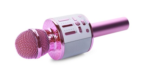 Photo of One pink karaoke microphone isolated on white