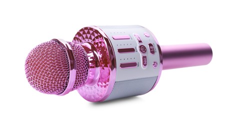 One pink karaoke microphone isolated on white