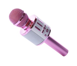 Photo of One pink karaoke microphone isolated on white