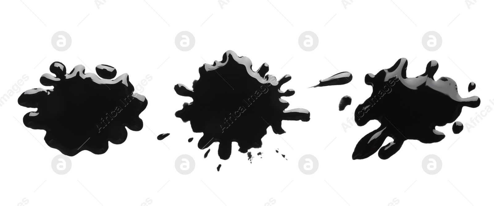 Image of Blots of black printer ink on white background, set. Top view