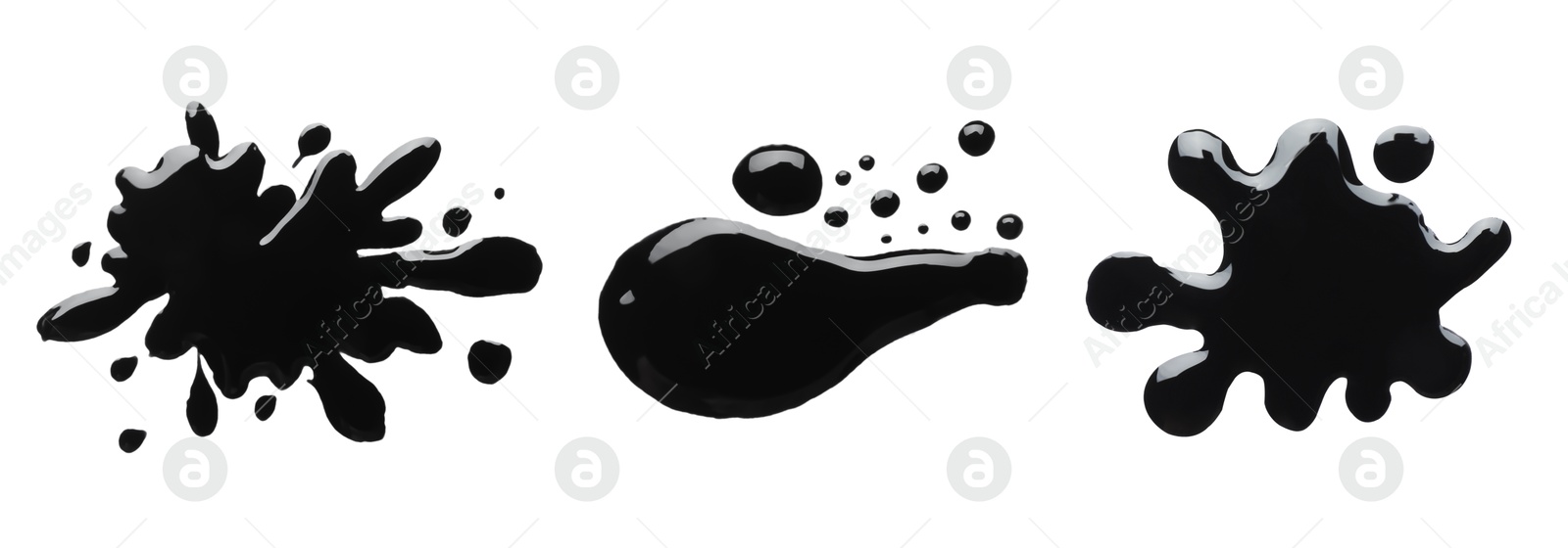 Image of Blots of black printer ink on white background, set. Top view