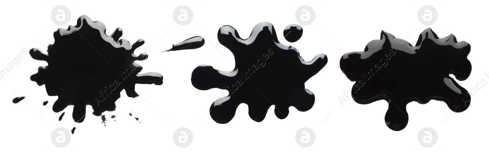 Image of Blots of black printer ink on white background, set. Top view