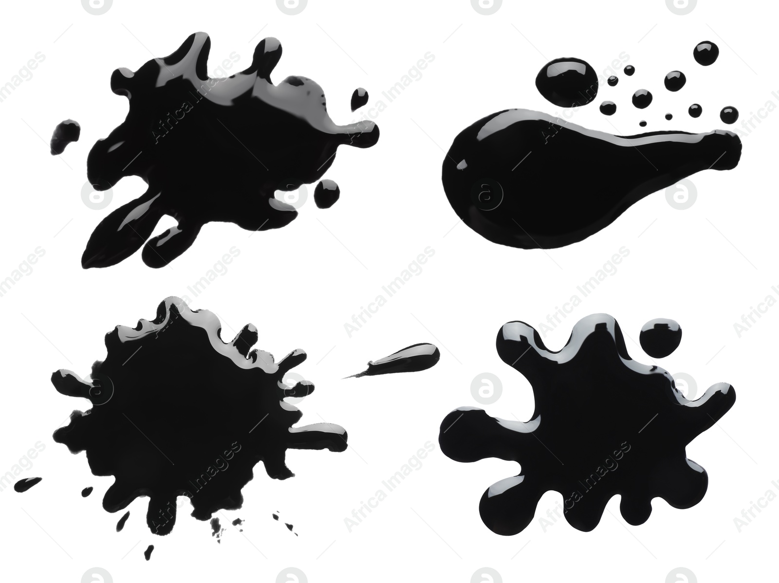 Image of Blots of black printer ink on white background, set. Top view