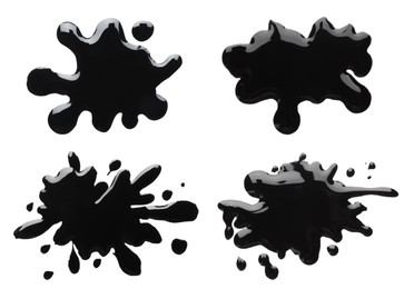 Image of Blots of black printer ink on white background, set. Top view