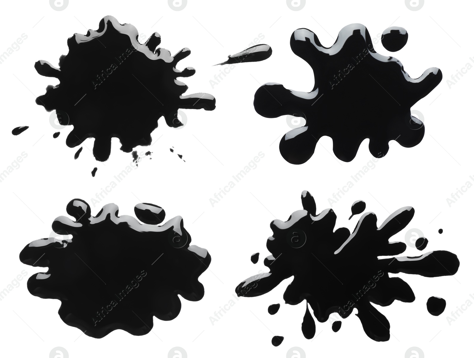 Image of Blots of black printer ink on white background, set. Top view