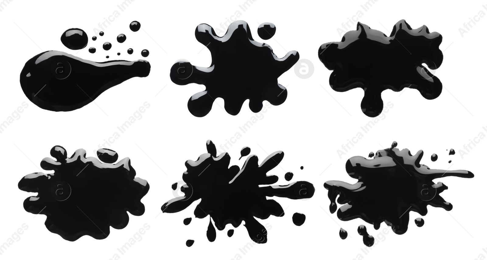 Image of Blots of black printer ink on white background, set. Top view