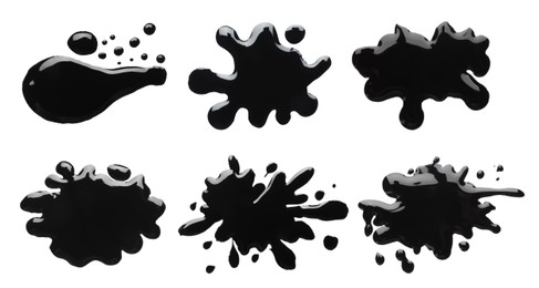 Blots of black printer ink on white background, set. Top view