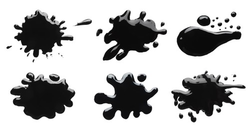 Image of Blots of black printer ink on white background, set. Top view