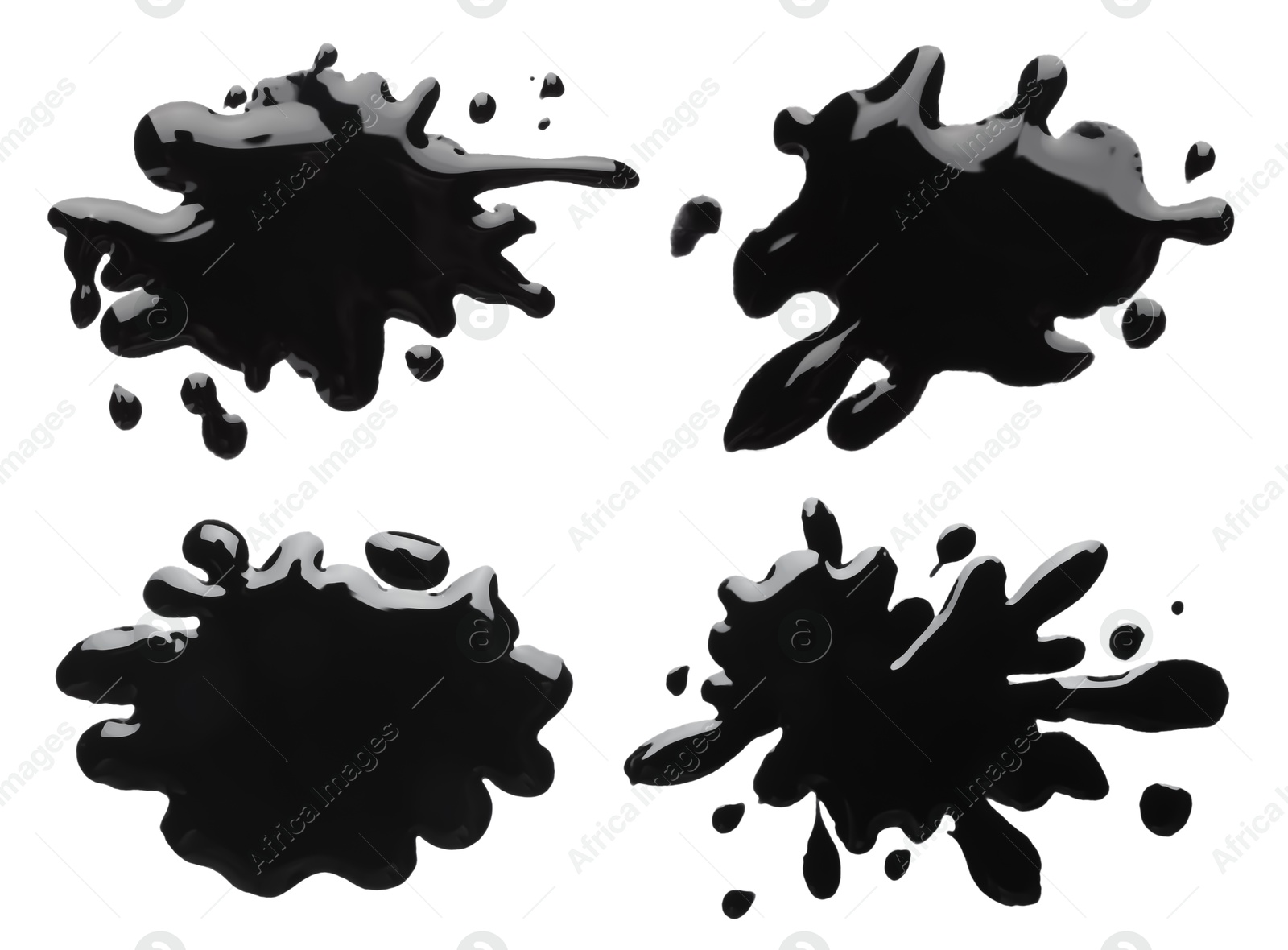 Image of Blots of black printer ink on white background, set. Top view