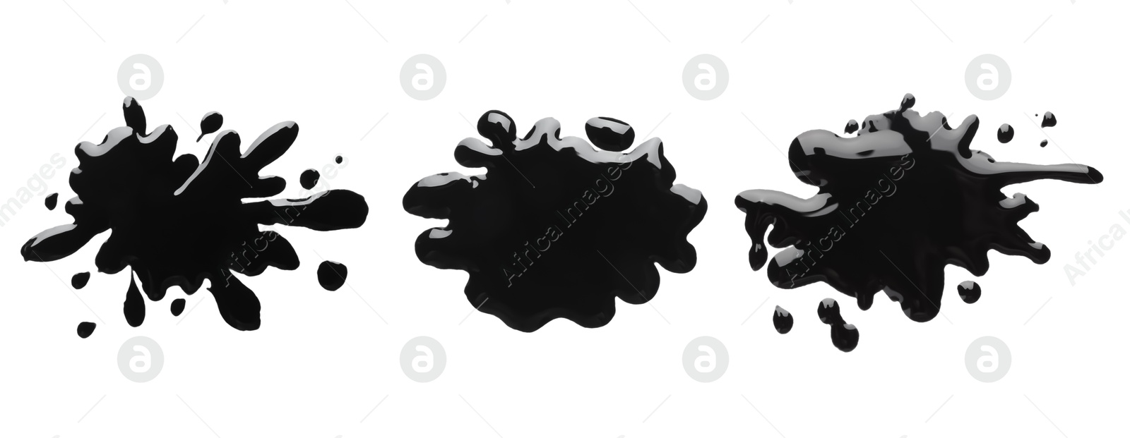 Image of Blots of black printer ink on white background, set. Top view