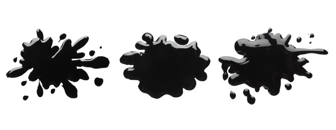 Image of Blots of black printer ink on white background, set. Top view