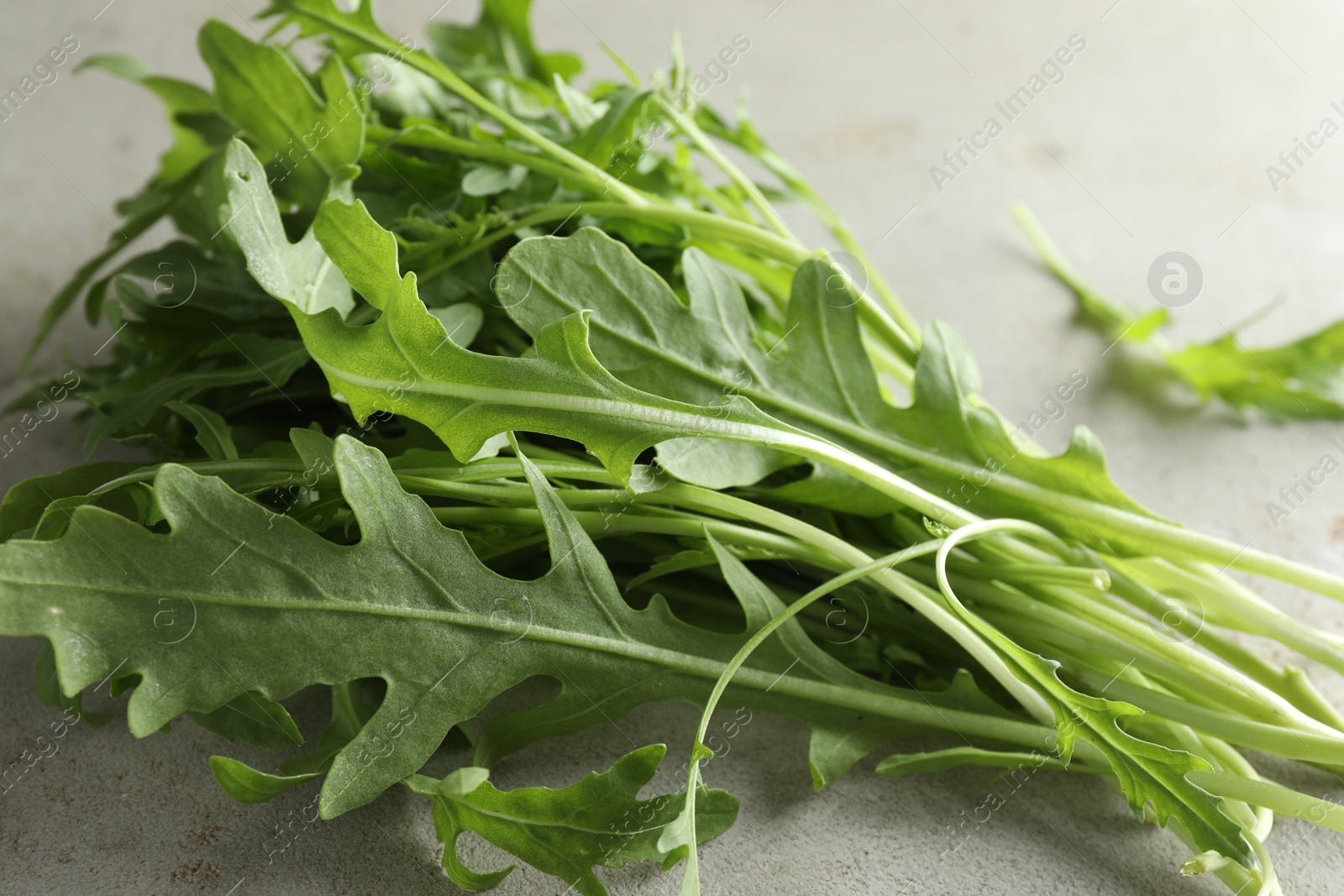 Photo of Many fresh arugula leaves on grey textured table, closeup